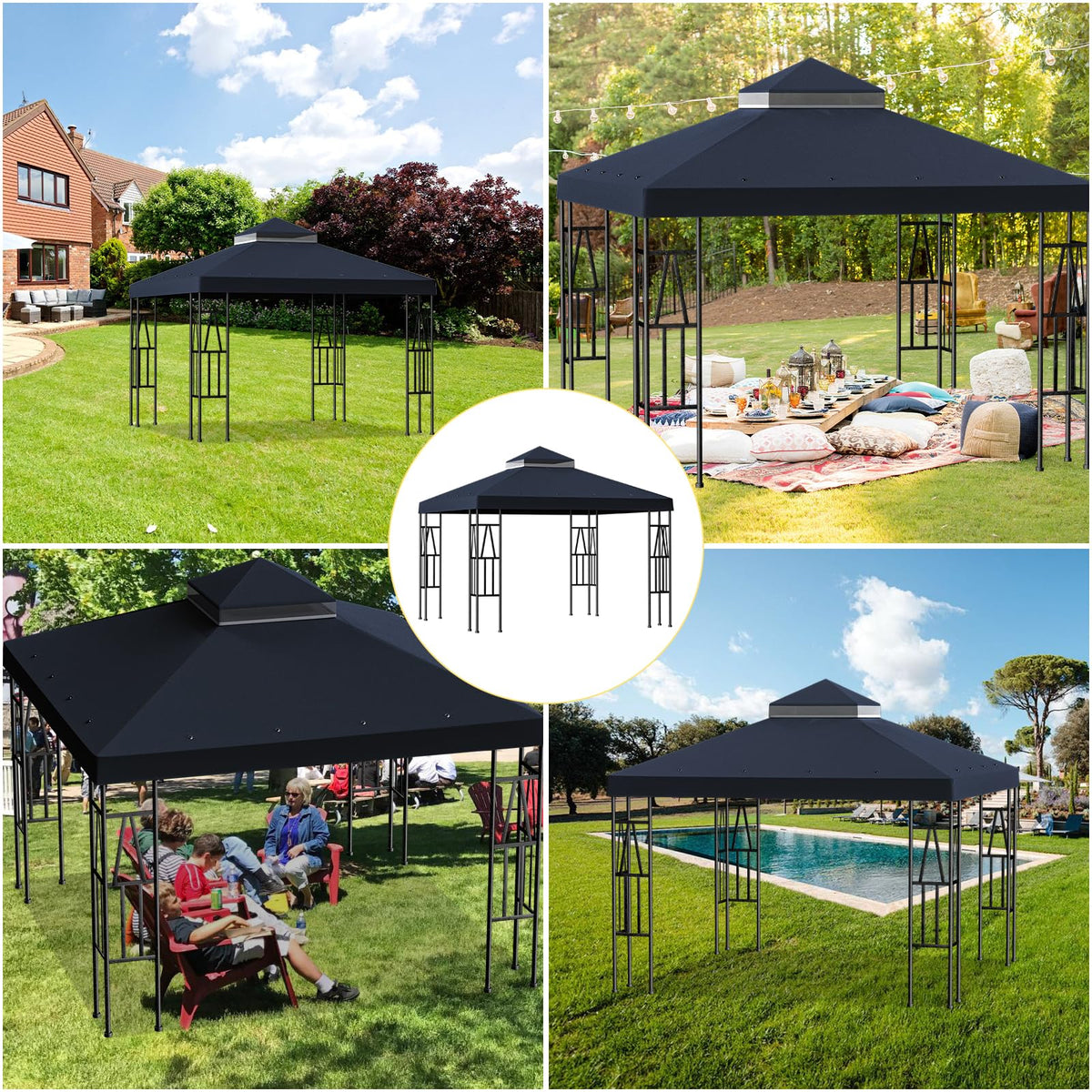 10 x 10 ft Double-Tier Gazebo Replacement Canopy – Black