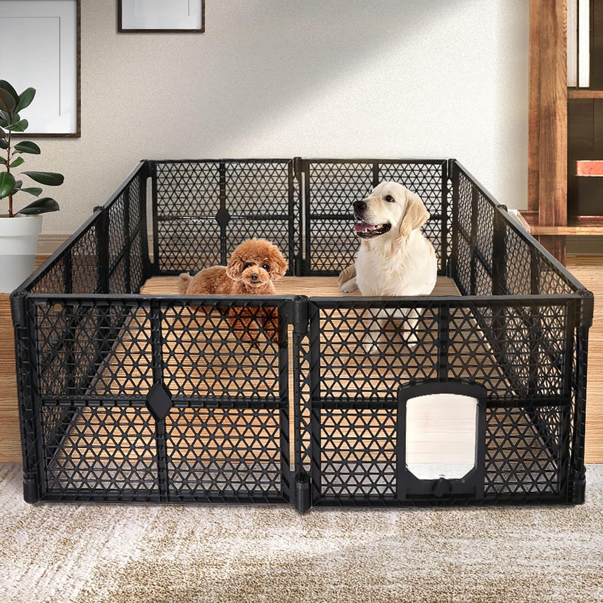 8-Panel Black Plastic Pet Playpen with Lockable Gate – 86 × 67 cm Panels