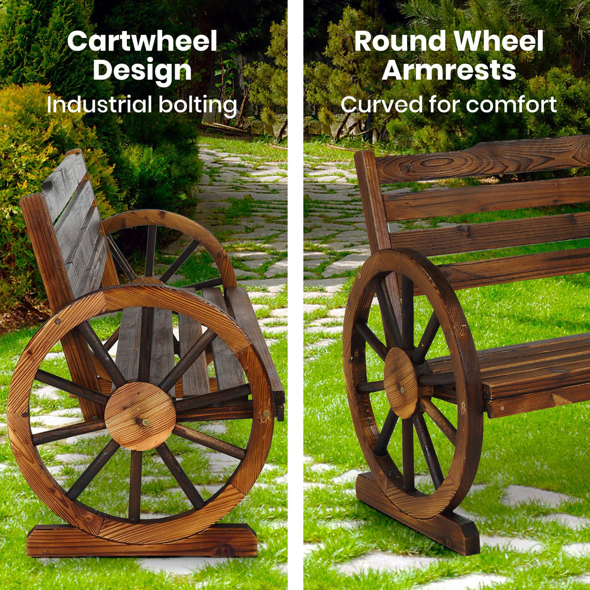 142 cm 3-Seat Fir-Wood Wagon-Wheel Garden Bench – Up to 300 kg