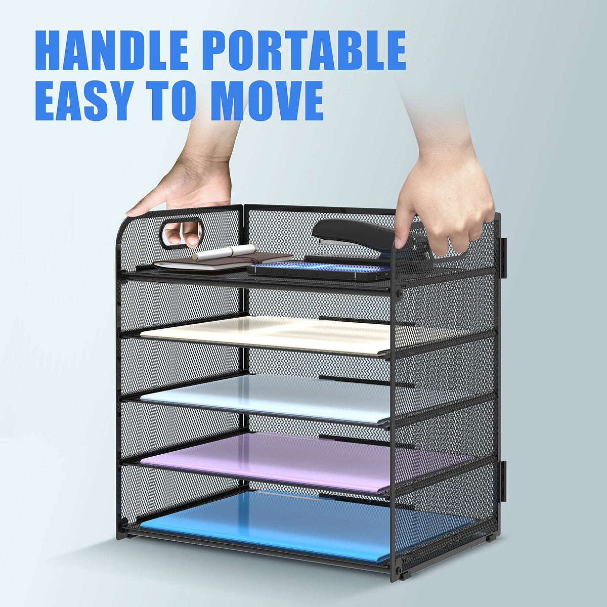 Black 5-Tier Mesh Paper & Letter Tray with Handle
