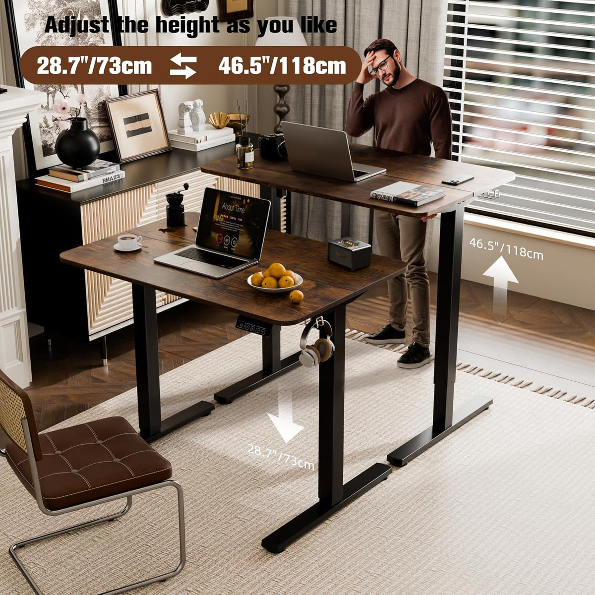 Electric Standing Desk 90x60cm (35.4"x23.6"), Height Adjustable Standing Desk with Splice Board, Sit Stand Desk with Hook and Memory Smart Handset(Black Frame + Rustic Brown Desktop)