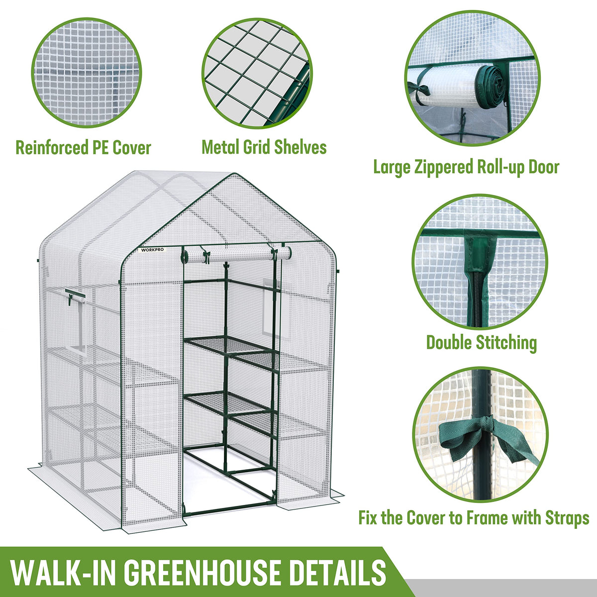 142 × 142 × 196 cm Walk-In Greenhouse with 8 Shelves