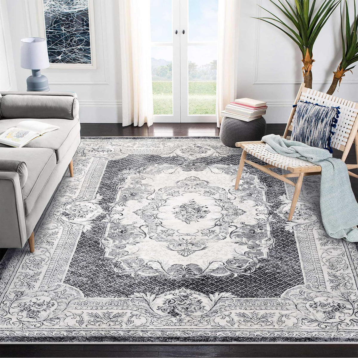 200 × 200 cm Grey & White Imitation-Cashmere Area Rug