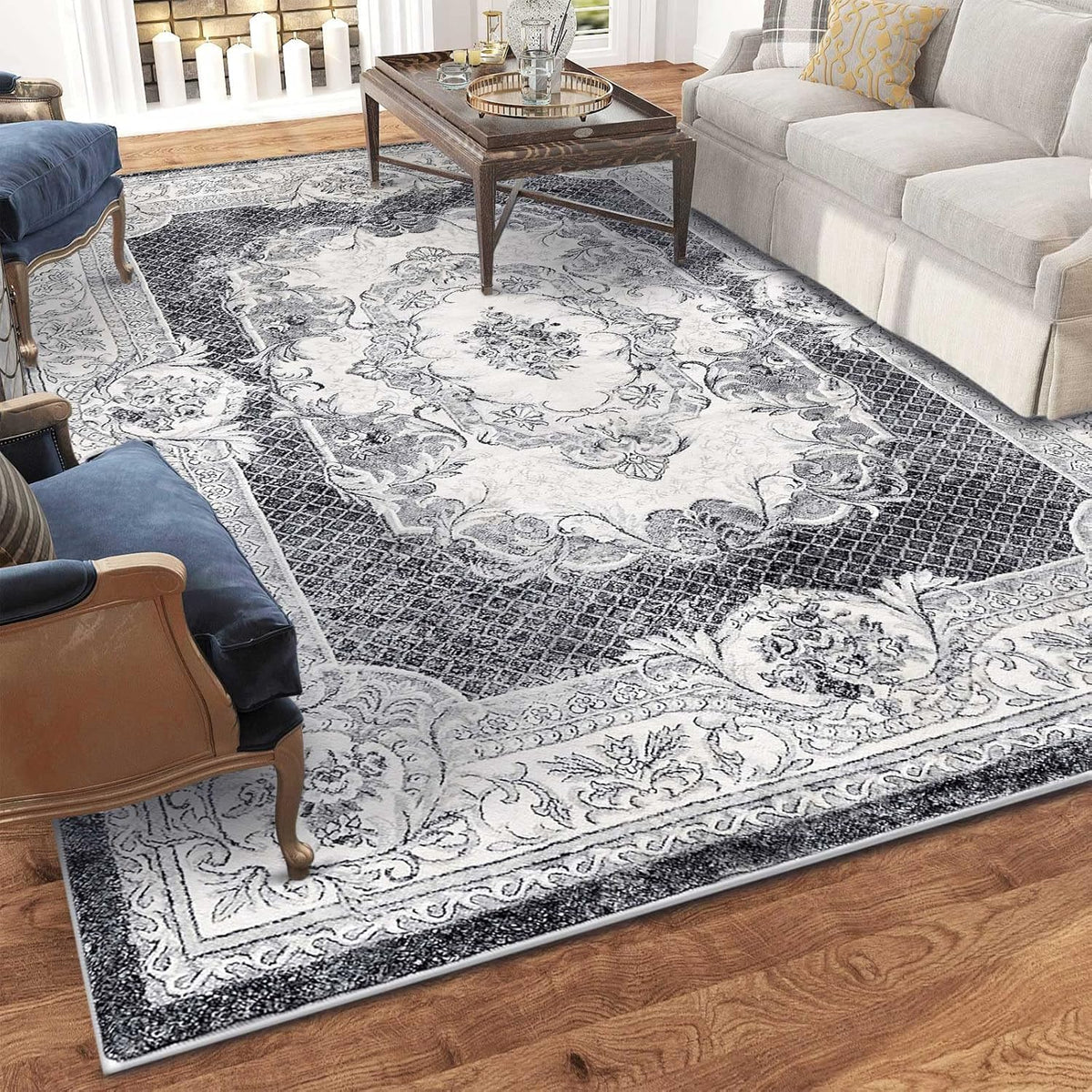 200 × 200 cm Grey & White Imitation-Cashmere Area Rug