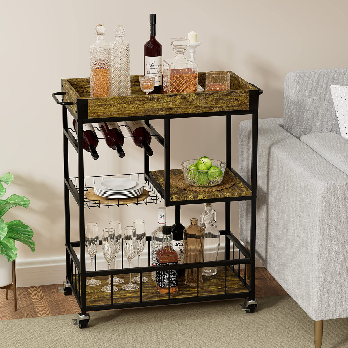 3-Tier Rustic Bar Cart with Removable Serving Tray