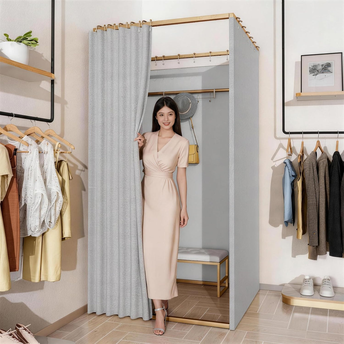 100 × 100 × 200 cm Wrought-Iron Fitting Room with Washable Curtain