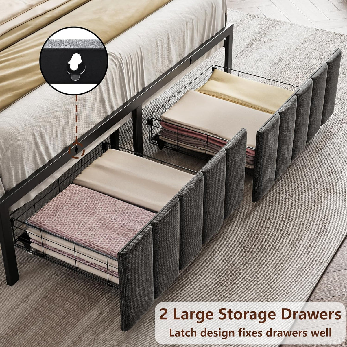 Bed Frame with Storage, Upholstered Bed Frame with LED Lights Headboard and 2 Drawers, Charging Station, Noise-Free, No Box Spring Needed, Easy Assembly, Grey
