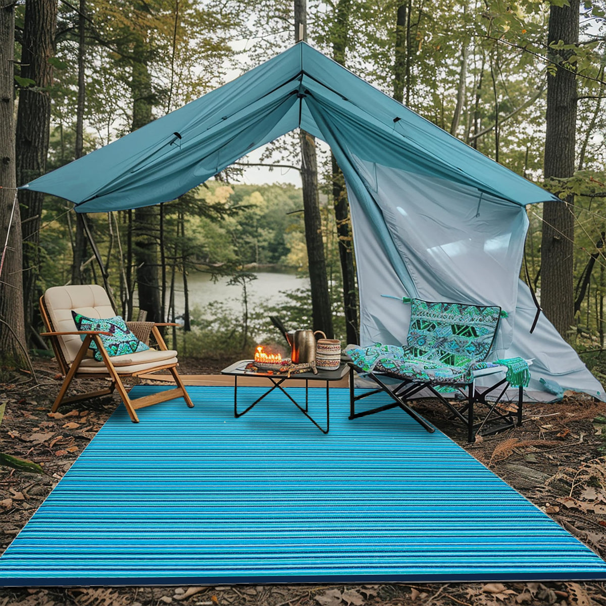180 × 180 cm Turquoise Reversible Plastic Outdoor Rug