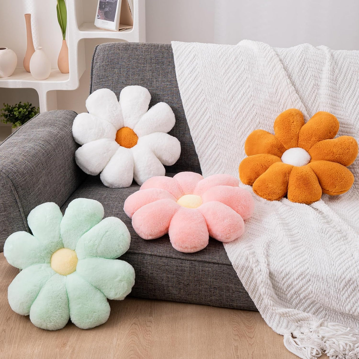 2 Pcs Flower Pillow Floor Cushion Decorative Throw Pillows Cute Aesthetic Pillows Cushions for Bedroom Preppy Room Bed Sofa Chair Decor (Pink & White)