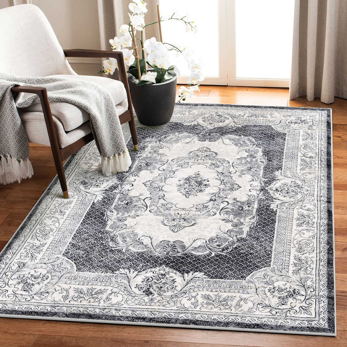 200 × 200 cm Grey & White Imitation-Cashmere Area Rug