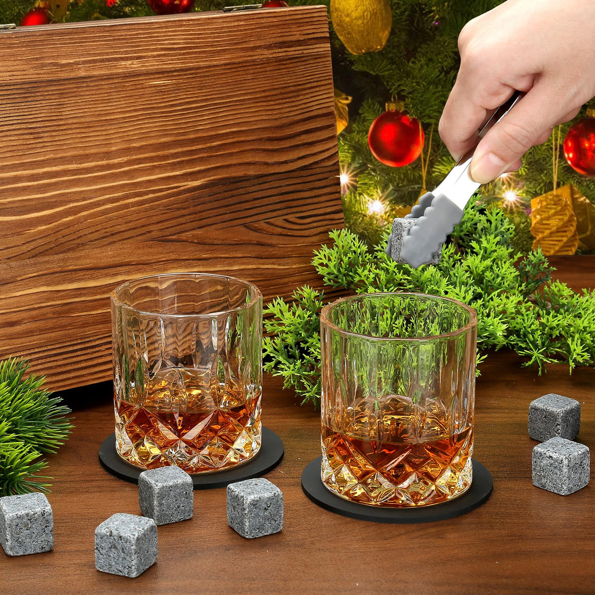 Whisky Glass Gift Set, Whisky Stones, Whisky Gift Sets for Men, 8 Whisky Stones, 2 Crystal Whisky Glasses, Wooden Box Gift, Birthday Gifts for Men, Dad, Husband, Valentine's Day/Father's Day