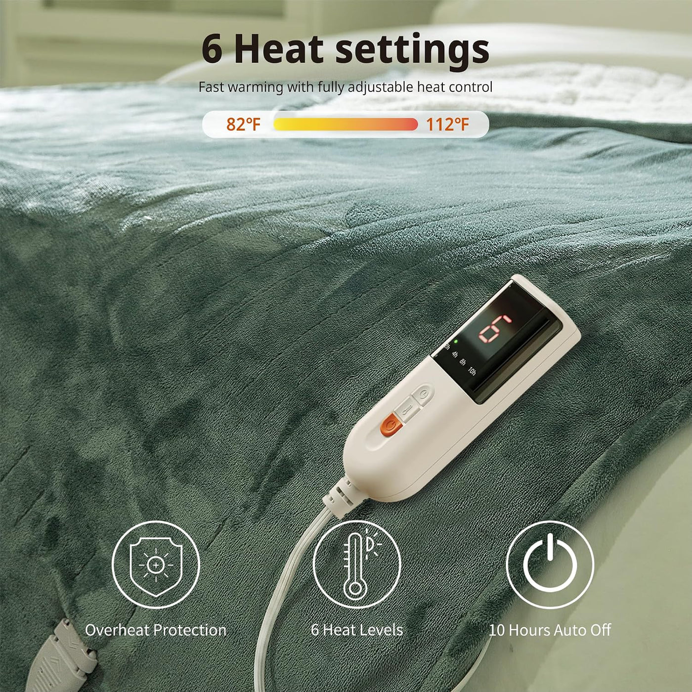 Silky Plush Electric Heated Throw Blanket – 6 Heat Levels, 10H Auto-Off, Machine Washable