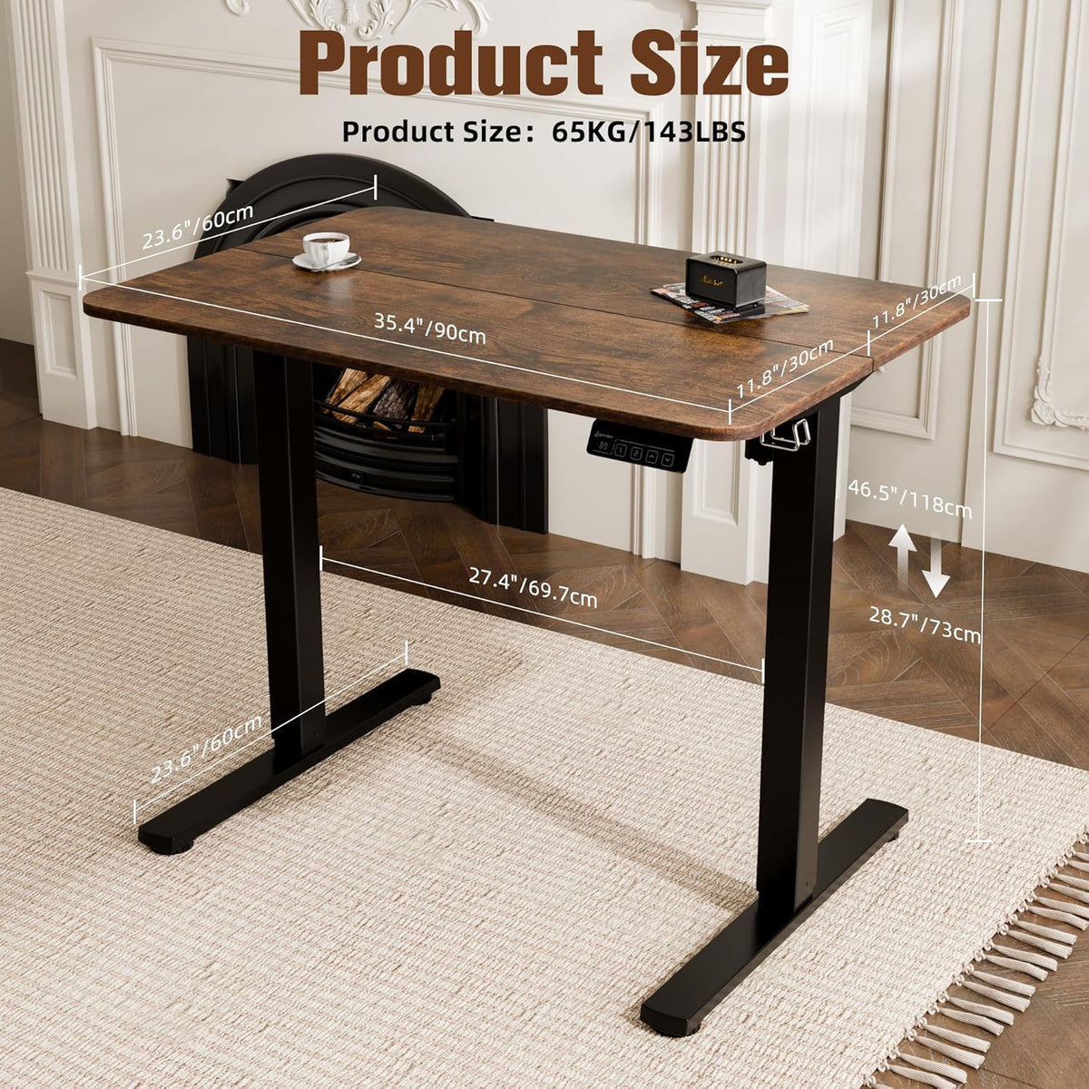 Electric Standing Desk 90x60cm (35.4"x23.6"), Height Adjustable Standing Desk with Splice Board, Sit Stand Desk with Hook and Memory Smart Handset(Black Frame + Rustic Brown Desktop)
