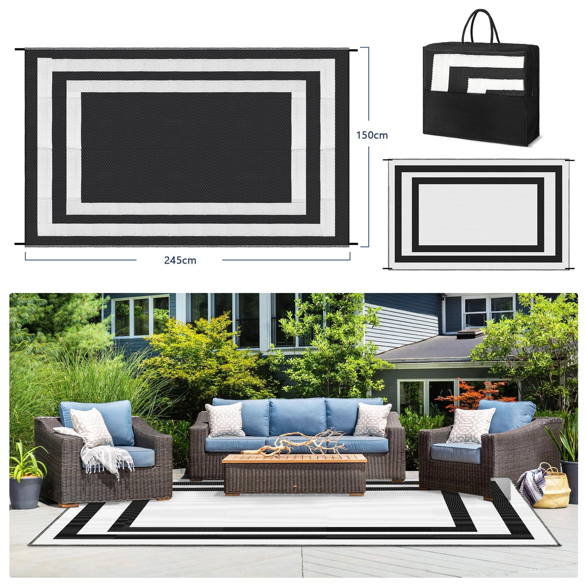 150 × 245 cm Black & White Reversible Outdoor Mat