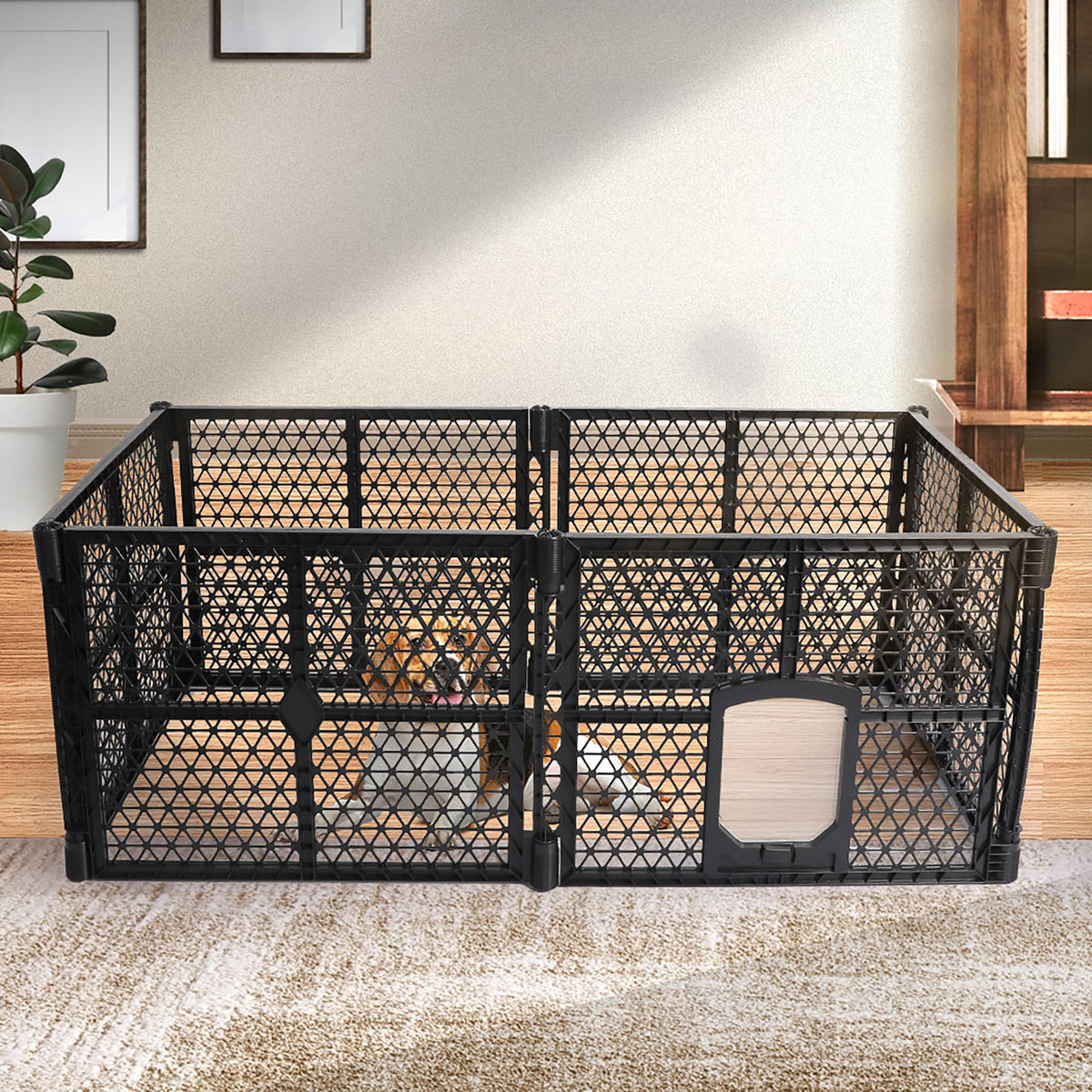 6-Panel Black Plastic Pet Playpen with Lockable Gate – 86 × 67 cm Panels
