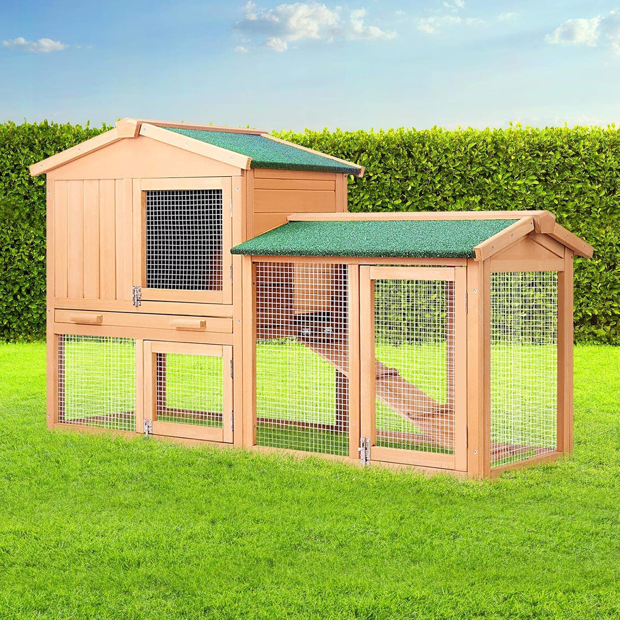 i.Pet Chicken Coop Large Rabbit Hutch, 138 x 49 x 85cm Coops Wooden Pet House Run Cage Walk in Guinea Pig Ferret Bunny Hen Chook, Outdoor Metal Door Roof Ladder Hatch Nestiong Box Farm