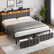 Bed Frame with Storage, Upholstered Bed Frame with LED Lights Headboard and 2 Drawers, Charging Station, Noise-Free, No Box Spring Needed, Easy Assembly, Grey