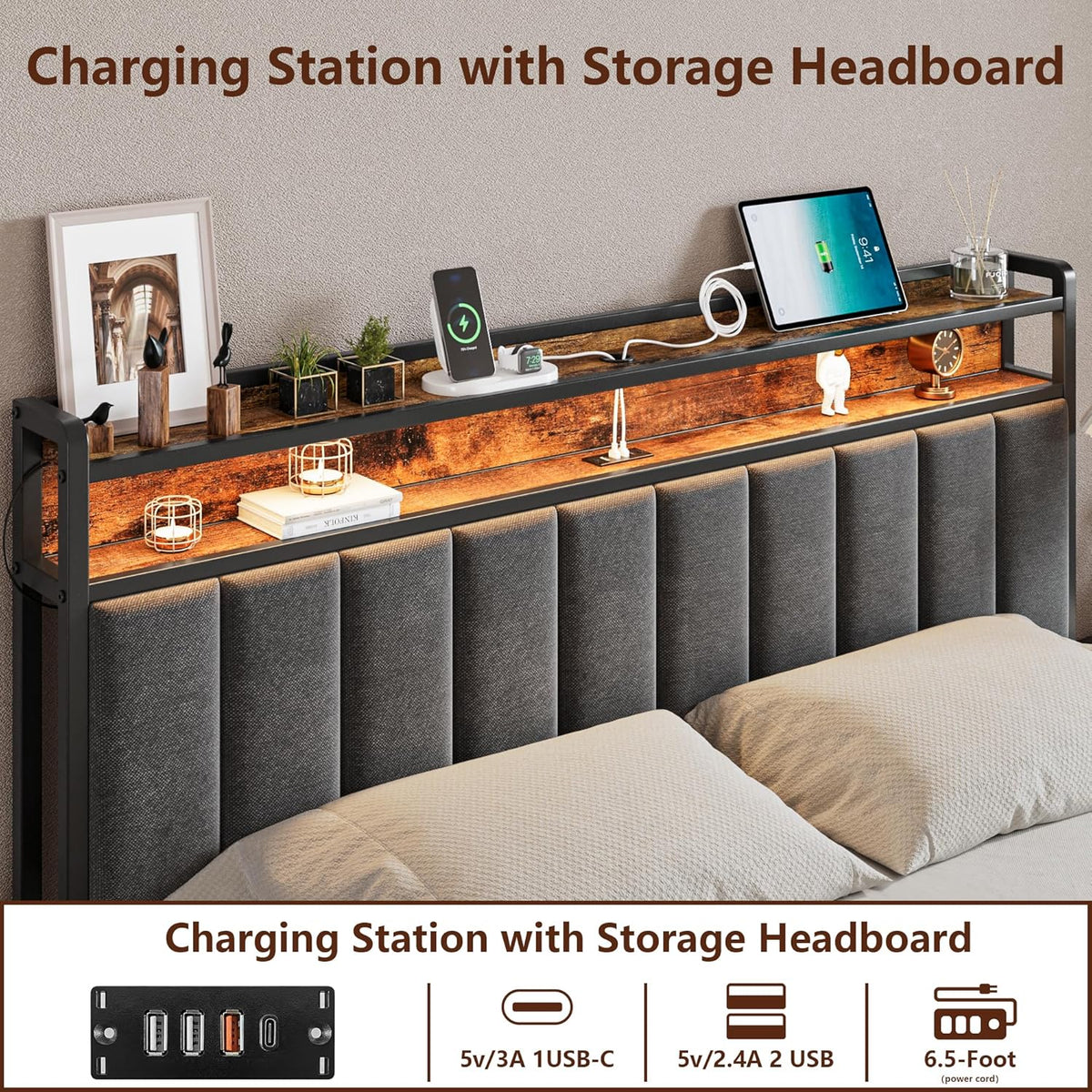 Bed Frame with Storage, Upholstered Bed Frame with LED Lights Headboard and 2 Drawers, Charging Station, Noise-Free, No Box Spring Needed, Easy Assembly, Grey