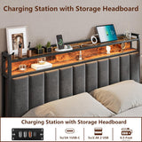 Queen Bed Frame with Storage, Upholstered Bed Frame with LED Lights Headboard and 2 Drawers, Charging Station, Noise-Free, No Box Spring Needed, Easy Assembly, Grey