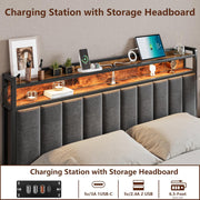 Bed Frame with Storage, Upholstered Bed Frame with LED Lights Headboard and 2 Drawers, Charging Station, Noise-Free, No Box Spring Needed, Easy Assembly, Grey