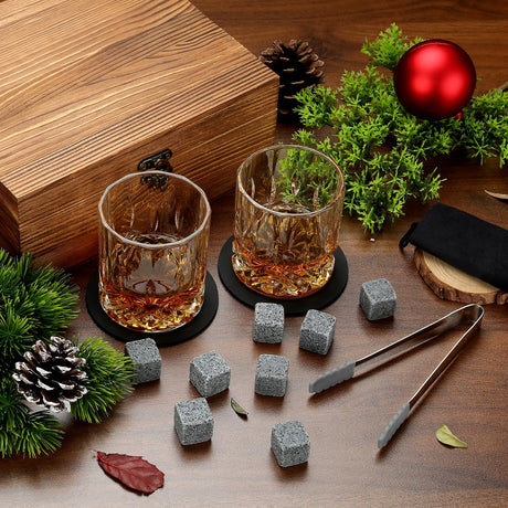 Whisky Glass Gift Set, Whisky Stones, Whisky Gift Sets for Men, 8 Whisky Stones, 2 Crystal Whisky Glasses, Wooden Box Gift, Birthday Gifts for Men, Dad, Husband, Valentine's Day/Father's Day