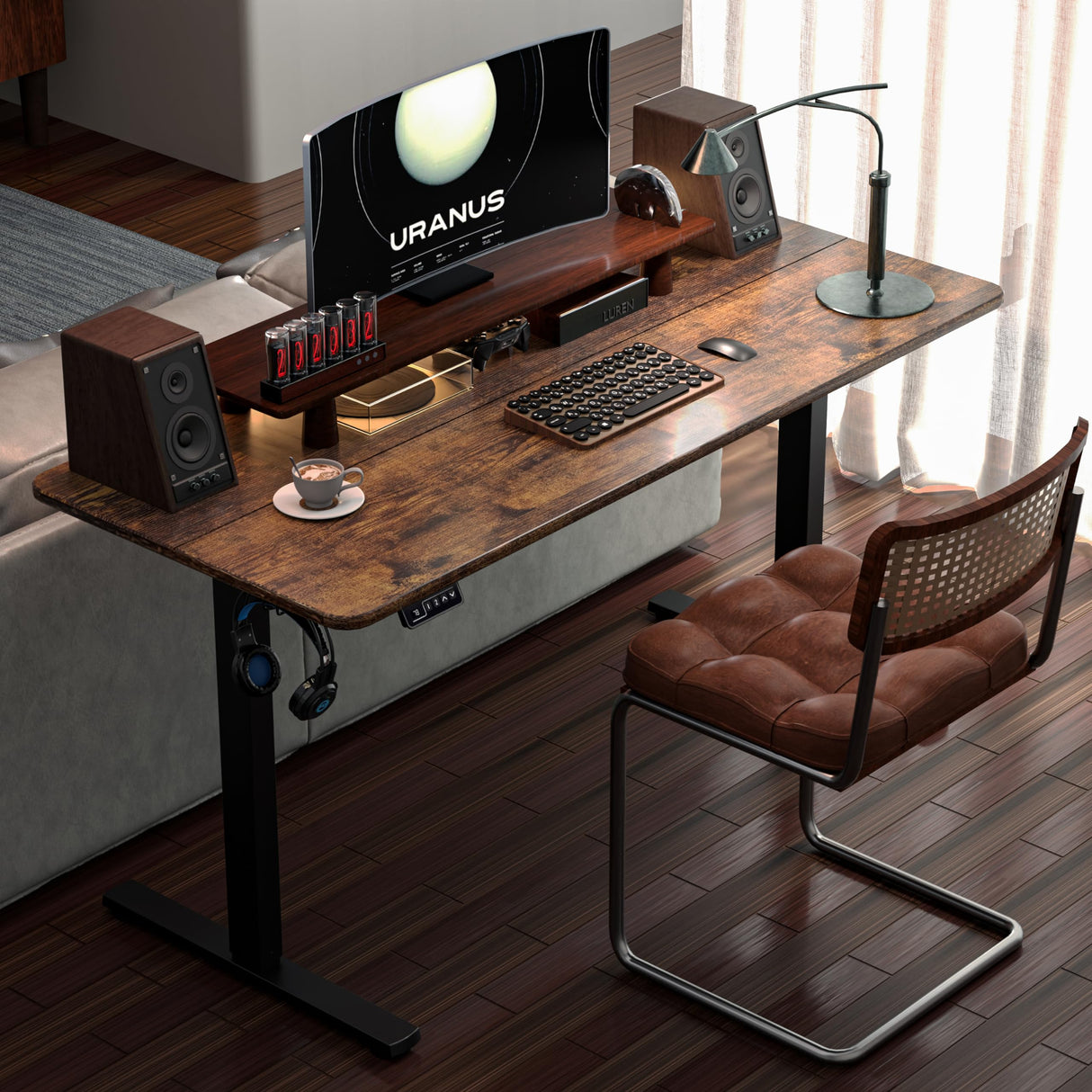 Electric Standing Desk 110x60cm (43.3"x23.6"), Height Adjustable Standing Desk with Splice Board, Stand Up Desk with Hook and Memory Smart Handset(Black Frame + Rustic Brown Desktop)