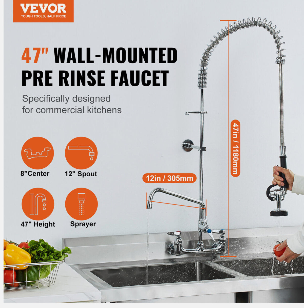 47-Inch Commercial Wall-Mount Pre-Rinse Faucet