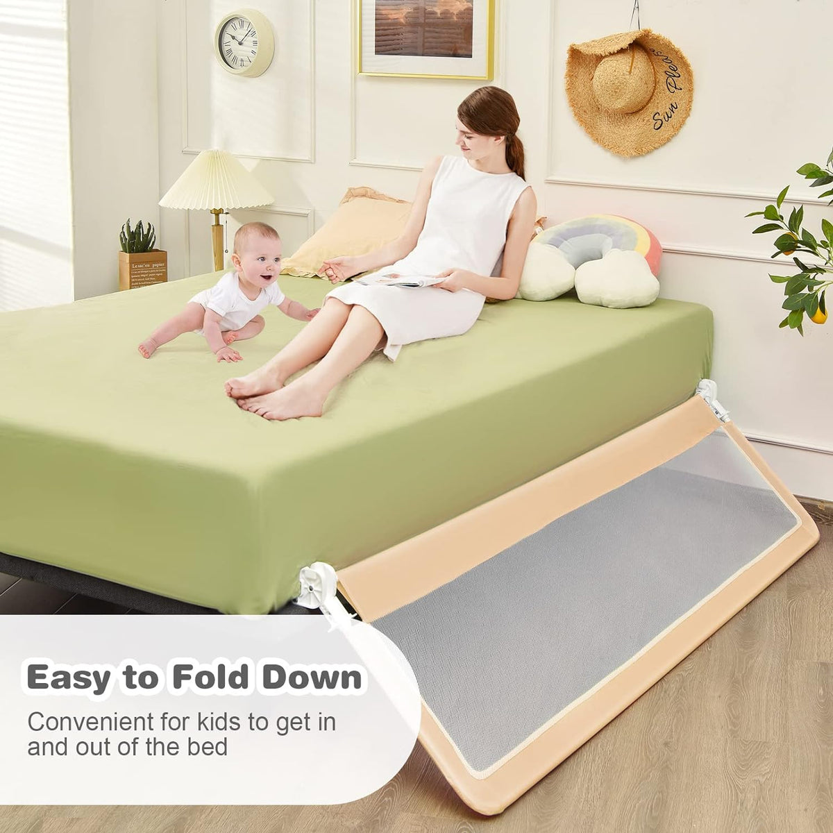 Bed Rails for Toddlers, 180cm Extra Long, Swing Down Bed Guard w/Safety Strap for Convertible Crib, Folding Baby Bedrail for Kids Twin, Double, Full Size Queen & King Mattress