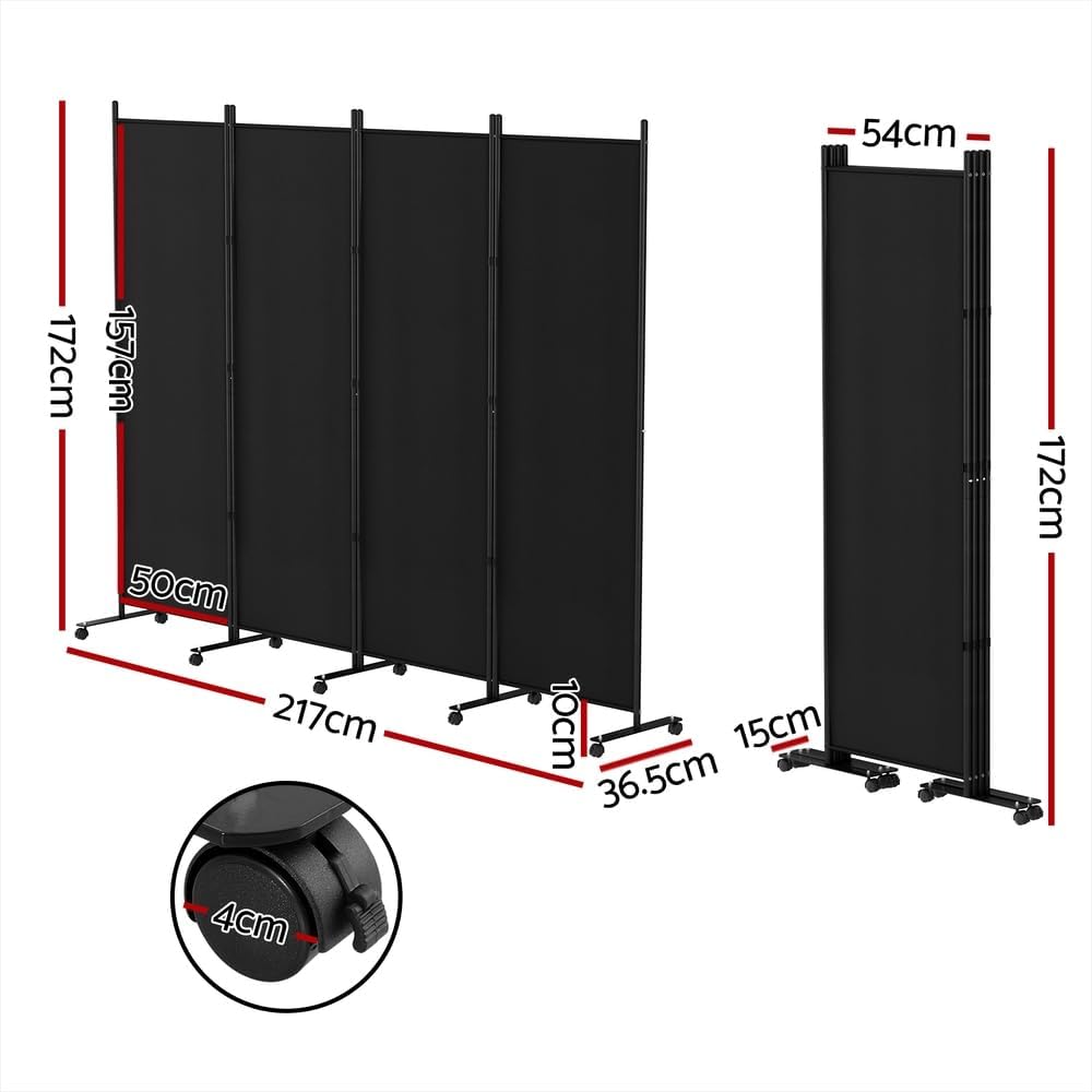 6-Panel Black Rolling Fabric Room Divider with 10 Lockable Wheels