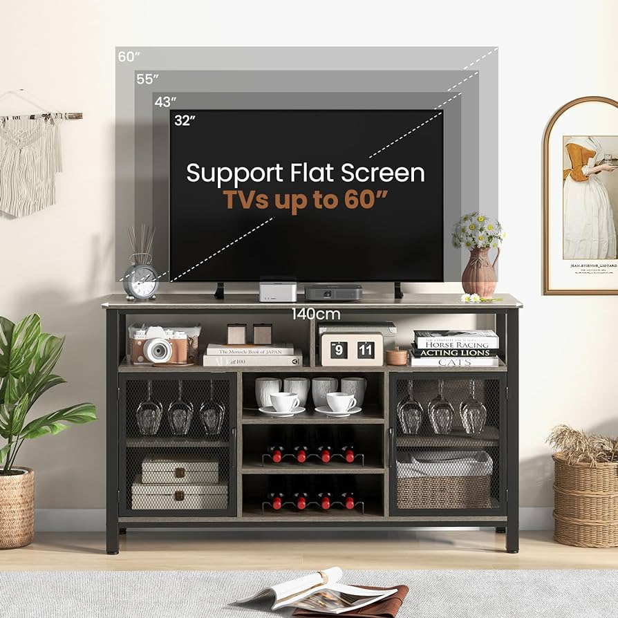 Wine Bar Cabinet, 55-Inch Buffet Sideboard with Wine Racks & Wine Glass Holders, Coffee Station Cabinet with Metal Mesh Doors, for Kitchen, Dining Room (Rustic Brown + Black)