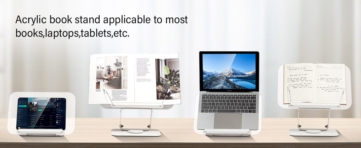 Book Stand for Reading, Adjustable Book Holder with 360° Swivel Base Foldable Stand Recipe Book Holder with Elastic Page Clips