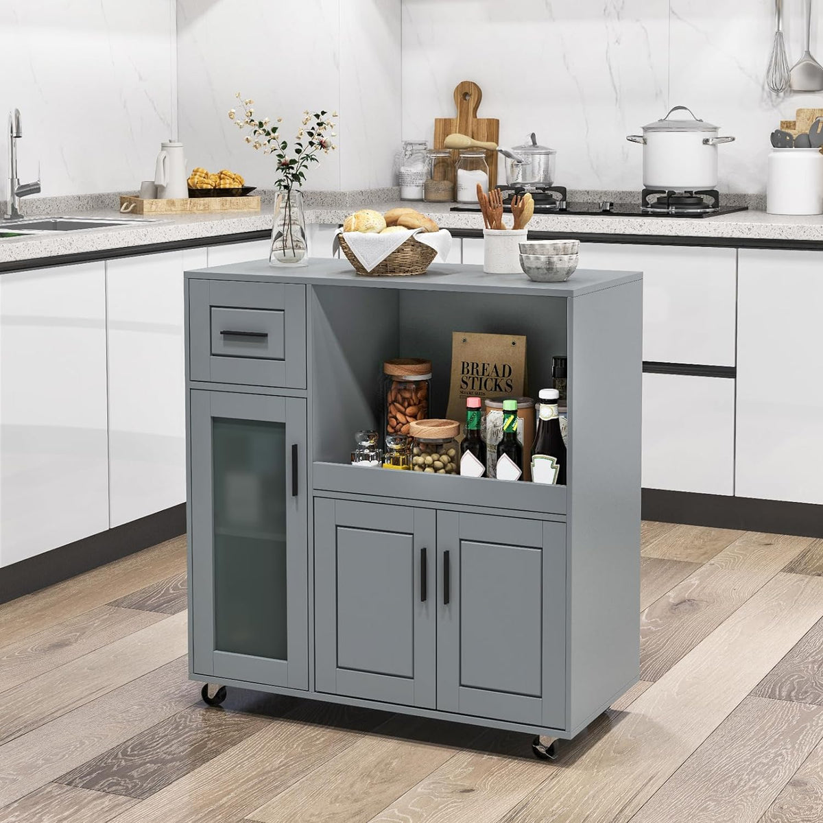 Grey Rolling Kitchen Island with Drawer & Glass-Door Cabinet