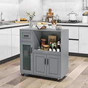 Grey Rolling Kitchen Island with Drawer & Glass-Door Cabinet