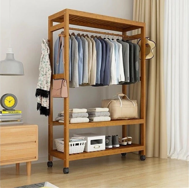 Rolling 3-Tier Bamboo Garment Rack – 78 × 41 × 169cm