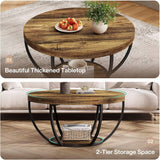 31.7" Round Coffee Table, Industrial 2-Tier Circle Coffee Table with Storage Shelves, Modern Wooden Accent Center Table Sofa Side Table for Living Room, Home Office, Wooden Grain
