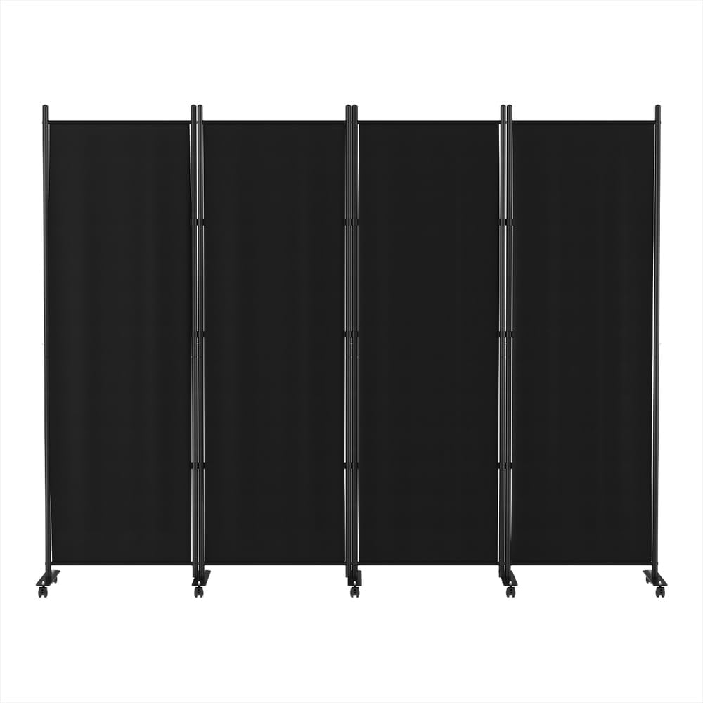 6-Panel Black Rolling Fabric Room Divider with 10 Lockable Wheels