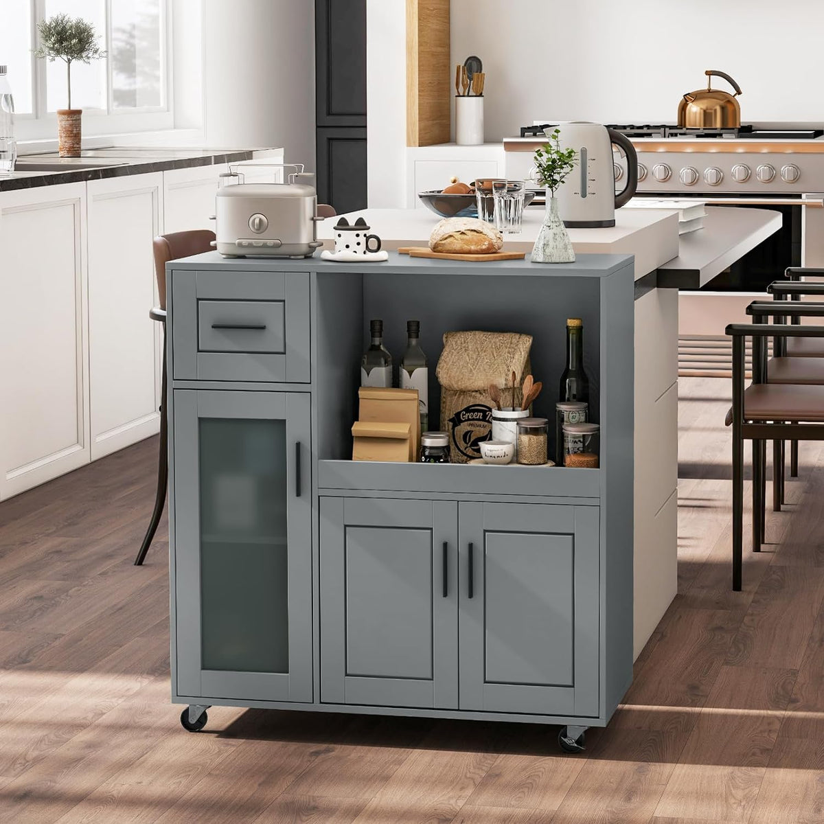 Grey Rolling Kitchen Island with Drawer & Glass-Door Cabinet