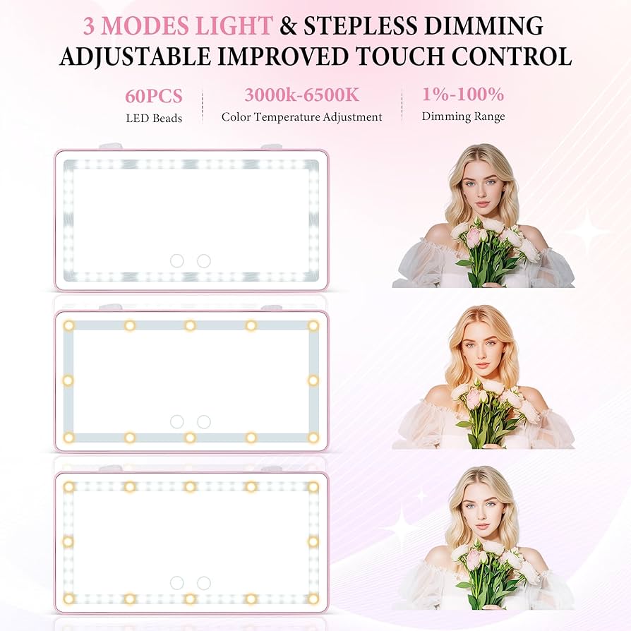 Car LED vanity makeup mirror, touch sensor, sun visor makeup mirror, three-color adjustable, clear eye protection