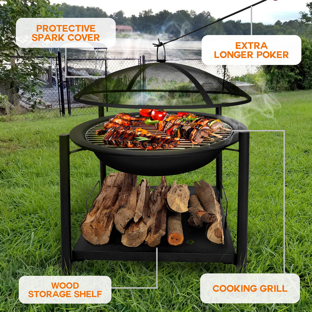 66 cm 2-in-1 Wood Fire Pit & BBQ Grill