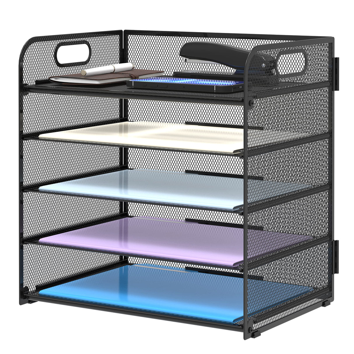 5 Trays Paper Organizer Letter Tray with Handle-Mesh Desk File Organizer,Black Paper Sorter Desk Organizer for Office,Home or School