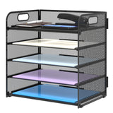 5 Trays Paper Organizer Letter Tray with Handle-Mesh Desk File Organizer,Black Paper Sorter Desk Organizer for Office,Home or School