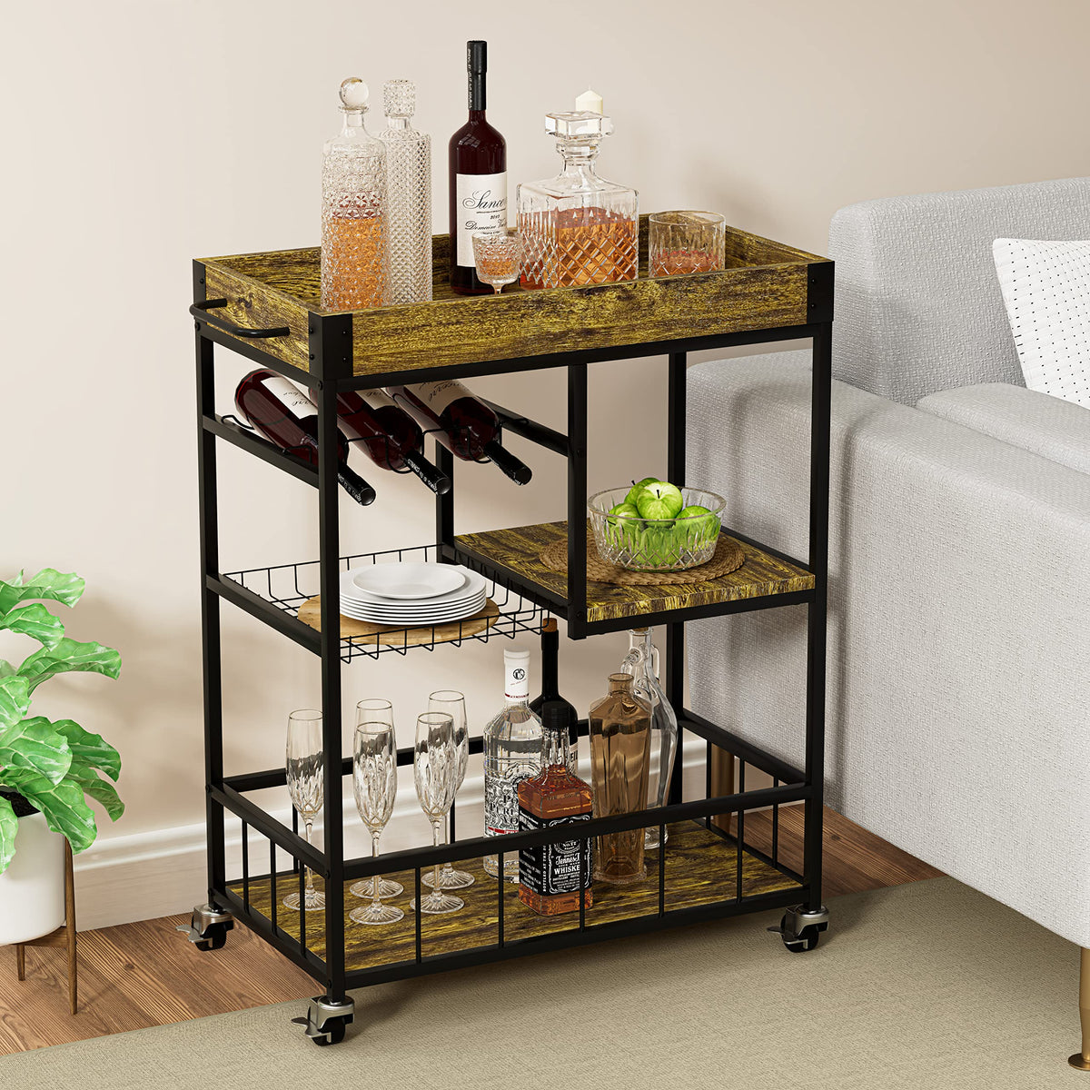 3-Tier Rustic Bar Cart with Removable Serving Tray