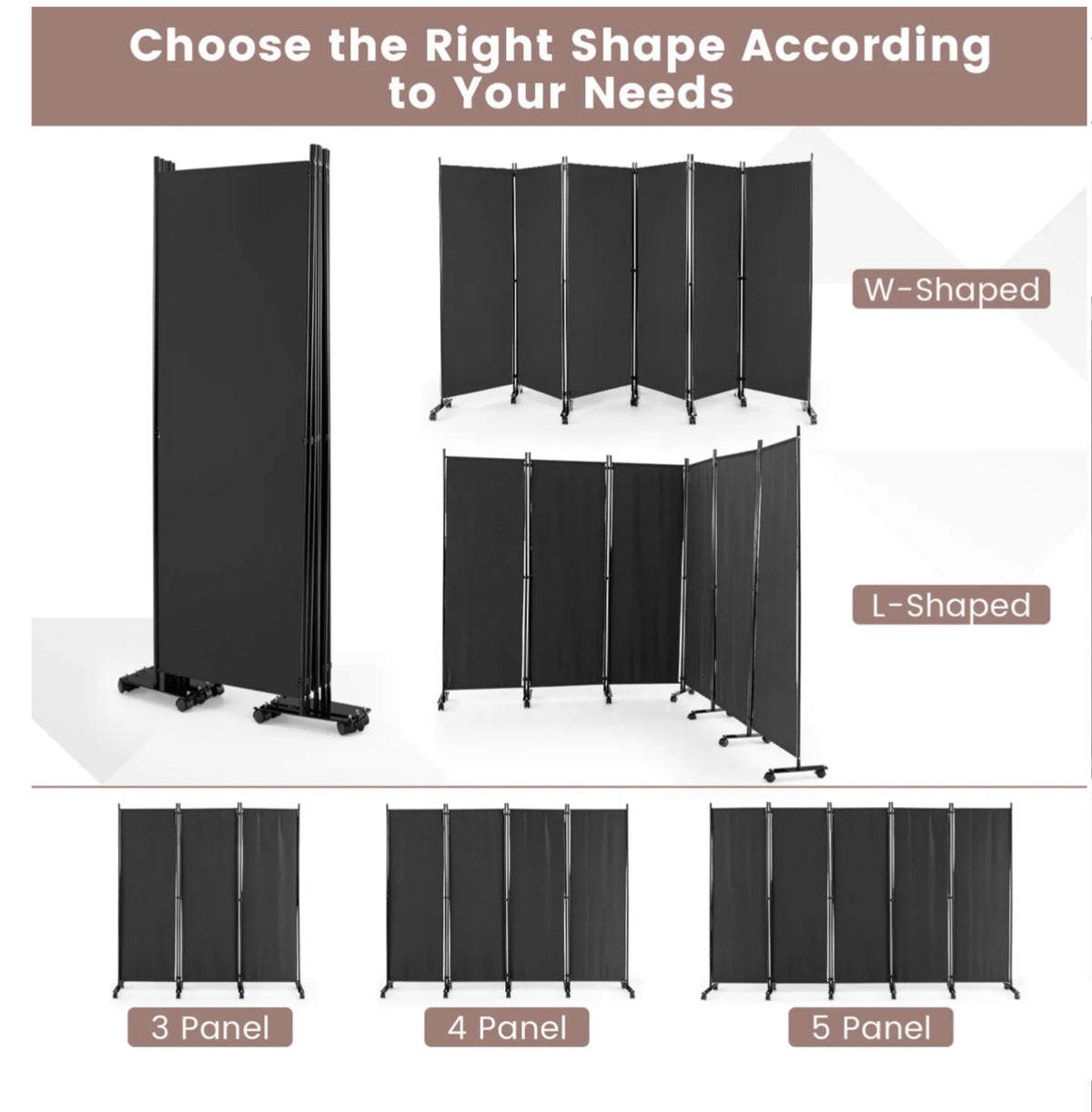 5.6 ft 6-Panel Rolling Room Divider – Black