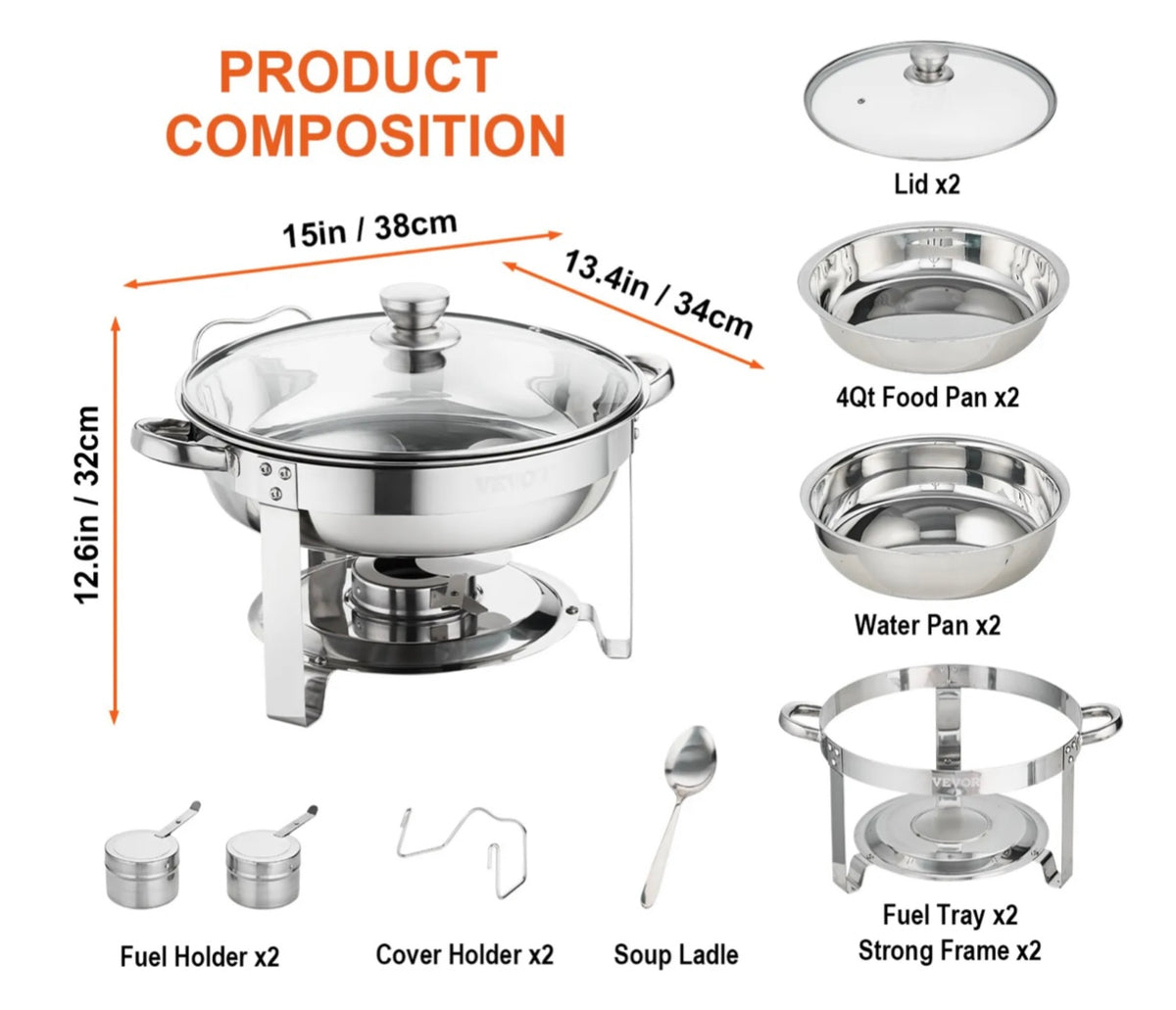 2-Pack Round Chafing Dish Set with Full-Size 4Qt Pan Glass Lid Fuel Holder