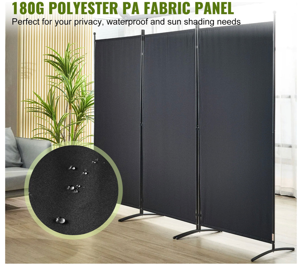 226 × 185 cm 3-Panel Black Fabric Room Divider