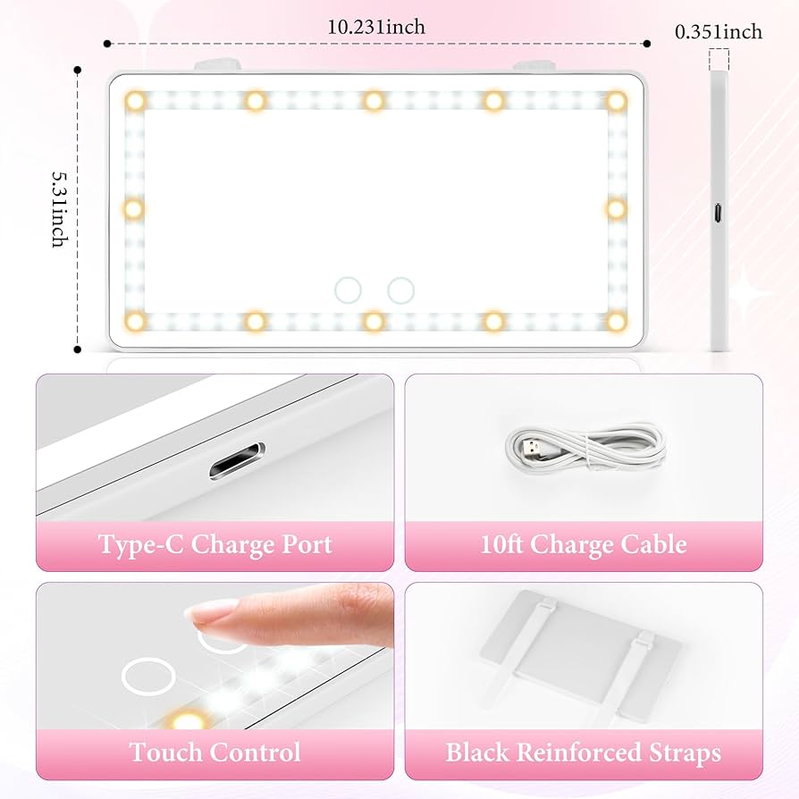 Car LED vanity makeup mirror, touch sensor, sun visor makeup mirror, three-color adjustable, clear eye protection
