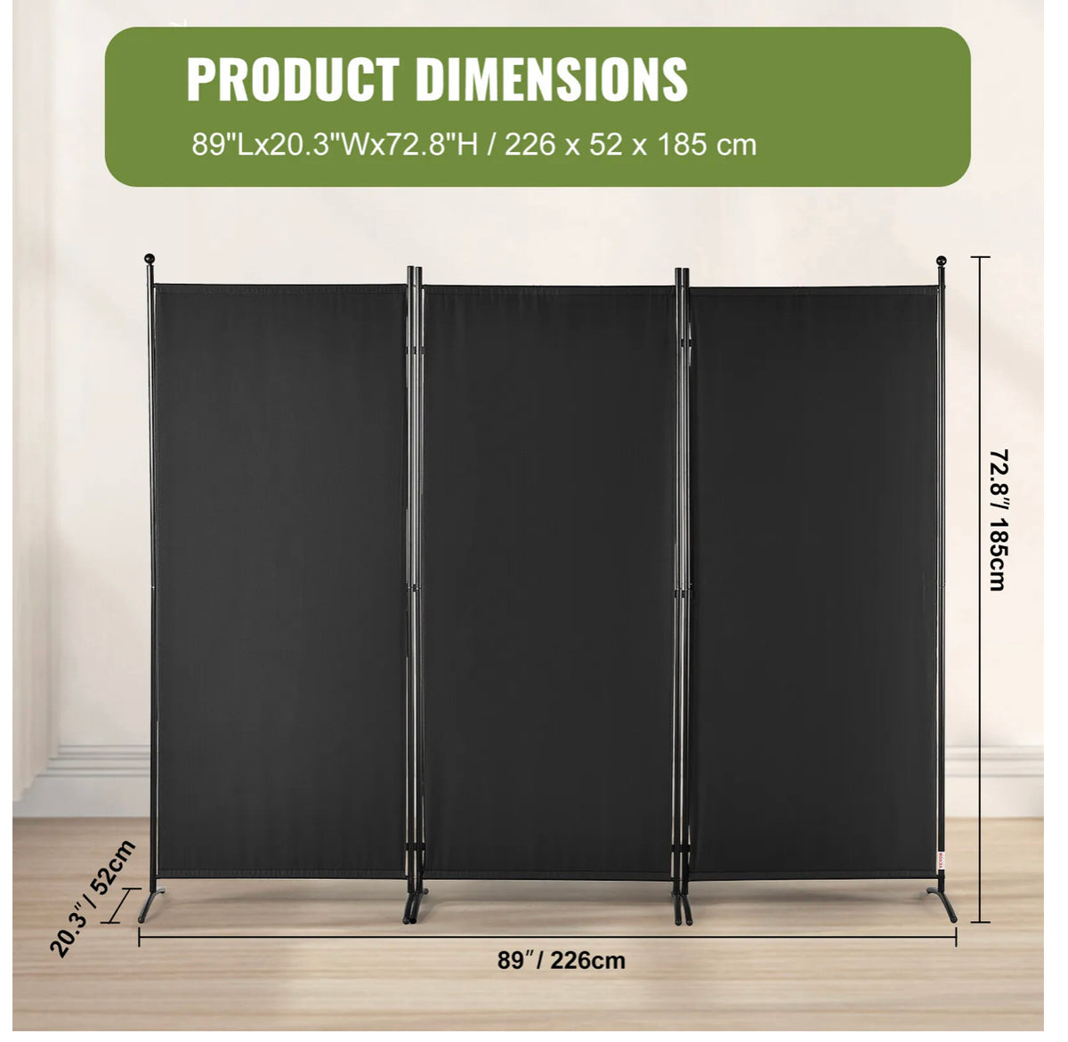 226 × 185 cm 3-Panel Black Fabric Room Divider