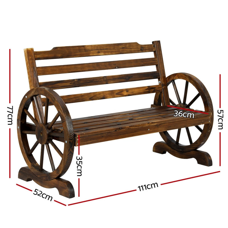 111 cm 2-Seat Fir-Wood Garden Bench with Wagon-Wheel Arms