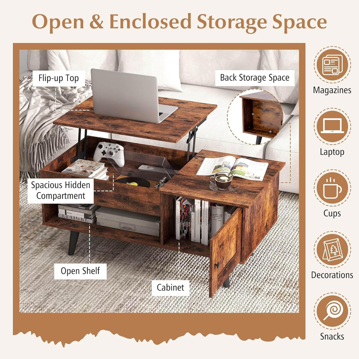 Lift-Top Coffee Table with Hidden Cabinet & Open Shelf