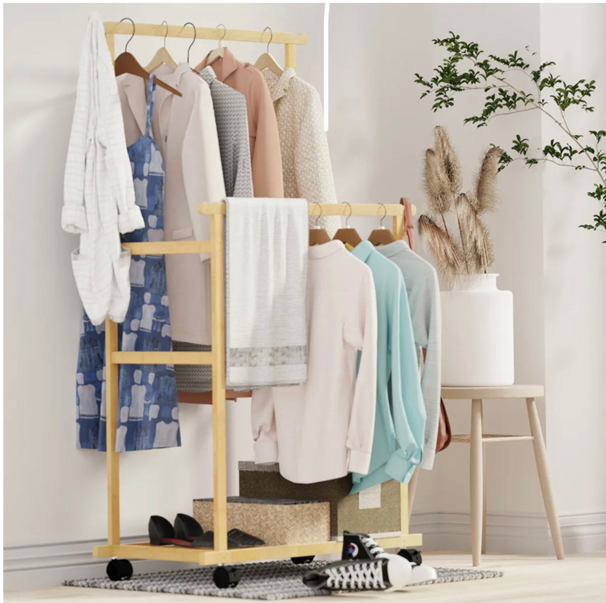 Rolling Double-Rail Bamboo Garment Rack with Lower Shelf